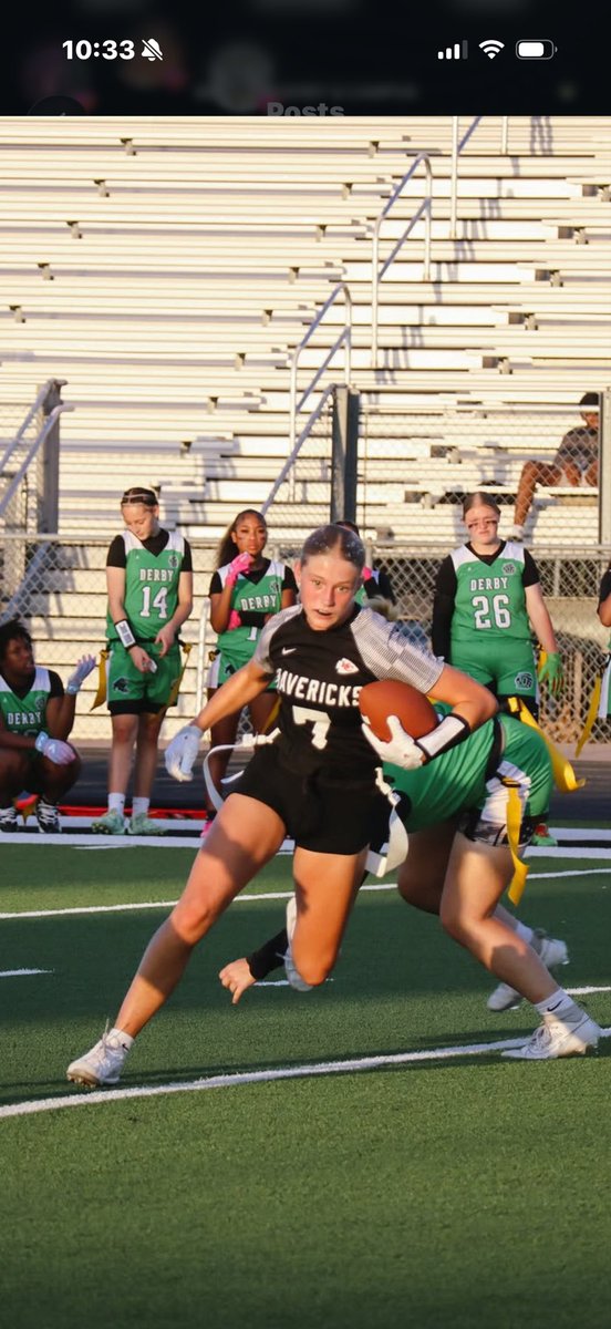 savannahgering's tweet photo. I tried something new this fall playing flag football for the first year it is a sanctioned sport in Kansas. I’m playing wide receiver and having a blast. Looking forward to Maize South Mavericks finishing the season strong!   #girlsflagfootball #SportsInKansas https://t.co/X7rowtKvpH