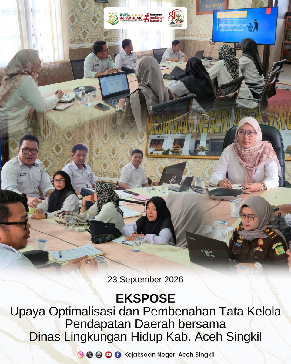 knsingkil's tweet photo. Rabu, 23 September 2026

Kejaksaan Negeri Aceh Singkil bersama Dinas Lingkungan Hidup Kab. Aceh Singkil melaksanakan Ekspose terkait Upaya Optimalisasi dan Pembenahan Tata Kelola Pendapatan Daerah. https://t.co/vsZ808qWmd