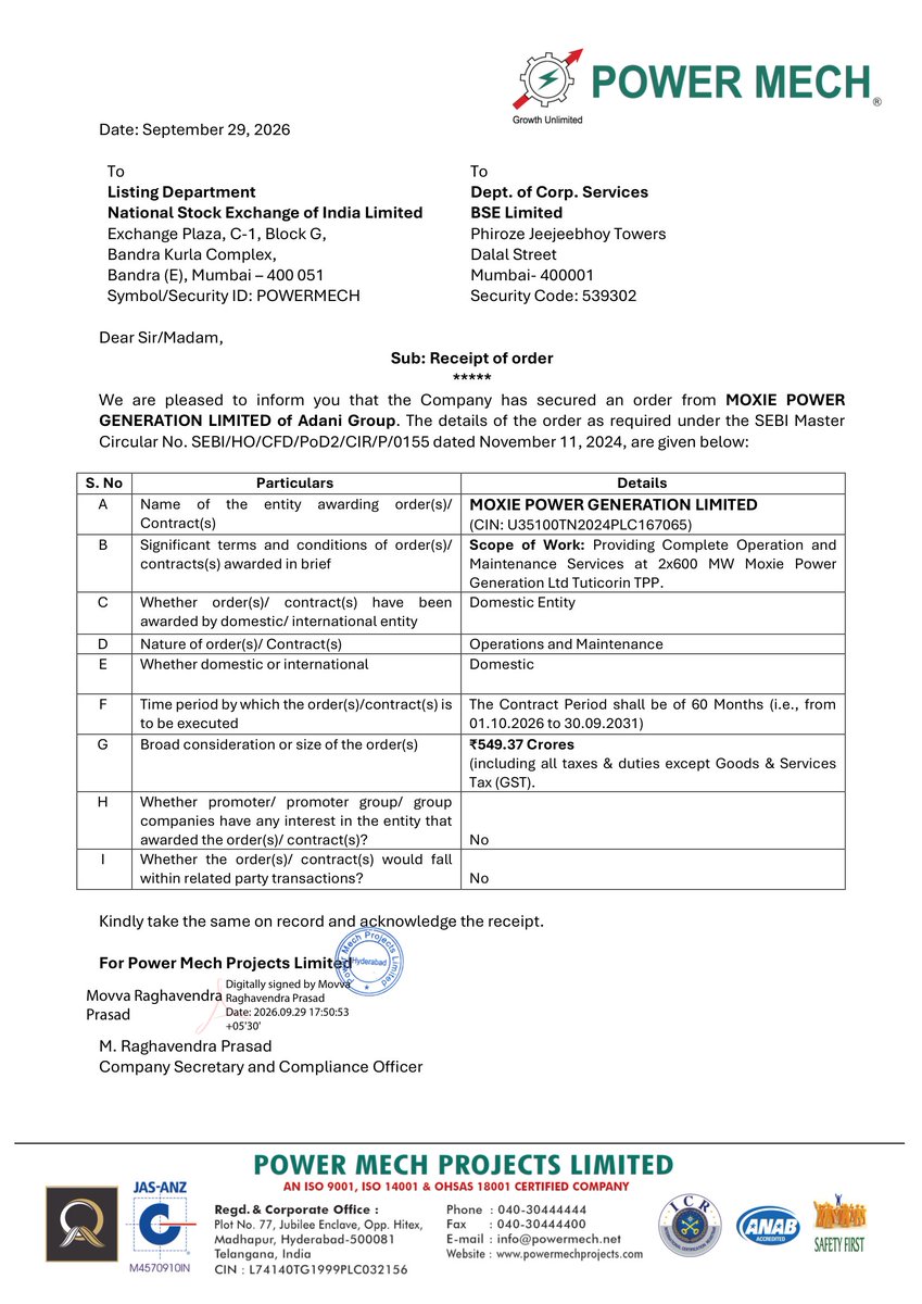 pkgupta001's tweet photo. ⚙️ #PowerMech | ₹549 Cr O&M Order from Adani Group

Power Mech Projects has secured a ₹549.37 Cr order from Moxie Power Generation Ltd., Adani Group.

🔹 Scope: Complete O&M services for 2×600 MW Moxie Power Generation Tuticorin TPP
🔹 Order value: ₹549.37 Cr incl. taxes & duties, excluding GST
🔹 Contract period: 60 months
🔹 Tenure: Oct 2026 – Sep 2031
🔹 Nature: Domestic Operations & Maintenance contract

📌 Key takeaway: A 5-year O&M mandate for a 1,200 MW power plant, adding long-duration revenue visibility for Power Mech.

📌 Disc: No Reco only info. DYOR.
Whatsapp Community: https://t.co/UNKPhc2J6K