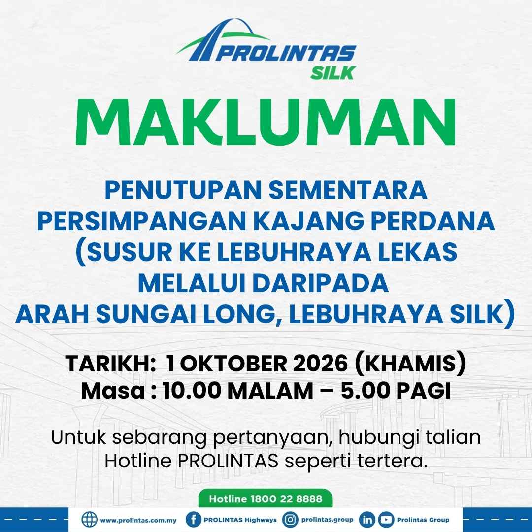 SILKHighway's tweet photo. MAKLUMAN PENUTUPAN SEMENTARA

Ramp C Persimpangan Kajang Perdana (Susur ke Lebuhraya LEKAS dari arah Sungai Long) bagi kerja-kerja penyelenggaraan jalan.

Sila patuhi papan tanda keselamatan di lokasi dan gunakan laluan alternatif.

#PROLINTASHighways #SILK #InfoTrafik https://t.co/KvuxECi0R2