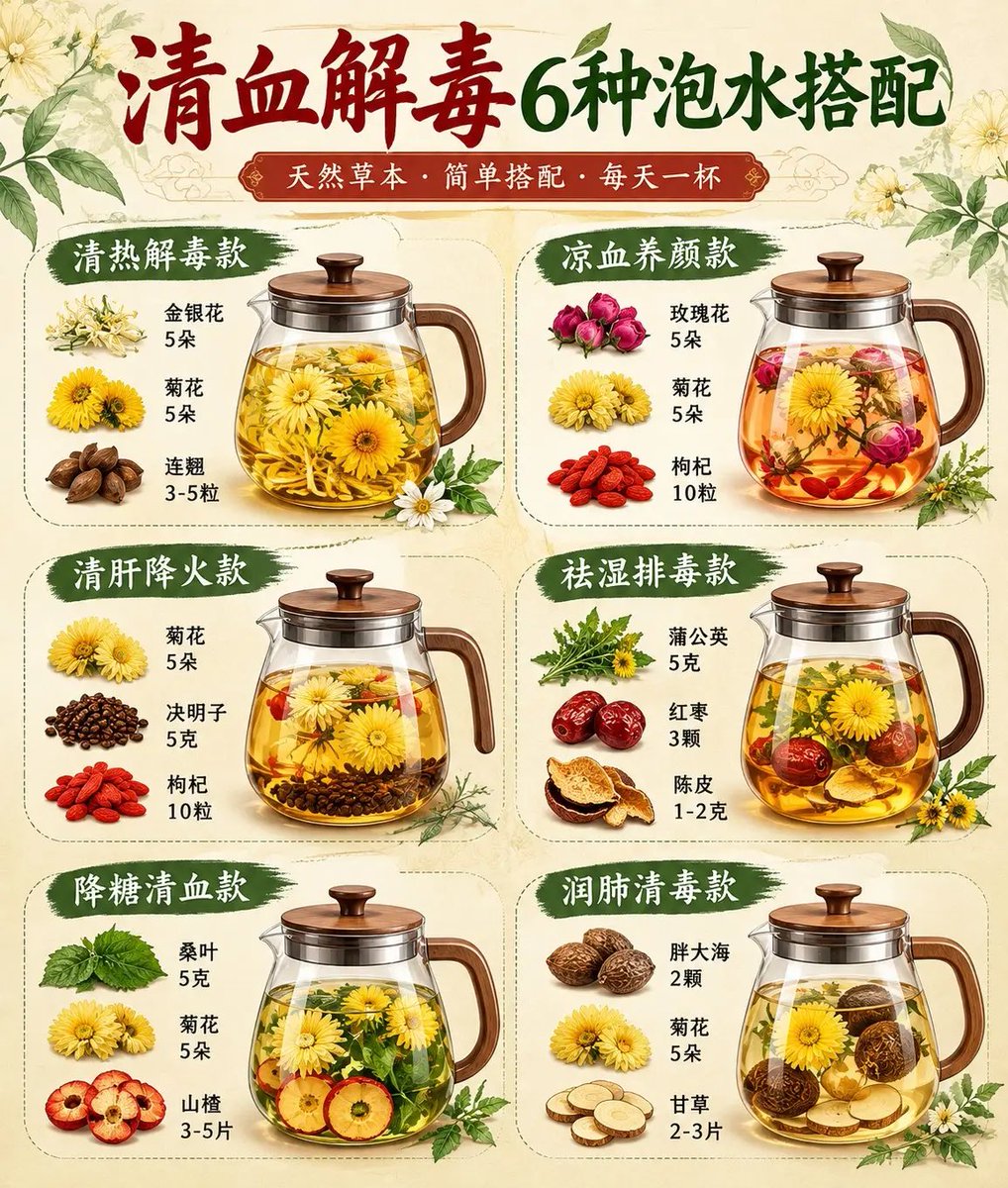 zhihui999's tweet photo. 🍵 图片中整理的“清热解毒、养颜祛湿、降糖润肺的6种天然草本泡水茶饮”配方如下：
1. 清热解毒款
金银花：5 朵
菊花：5 朵
连翘：3-5 粒

2. 凉血养颜款
玫瑰花：5 朵
菊花：5 朵
枸杞：10 粒

3. 清肝降火款
菊花：5 朵
决明子：5 克
枸杞：10 粒

4. 祛湿排毒款
蒲公英：5 克
红枣：3 颗
陈皮：1-2 克

5. 降糖清血款
桑叶：5 克
菊花：5 朵
山楂：3-5 片

6. 润肺清毒款
胖大海：2 颗
菊花：5 朵
甘草：2-3 片

🍵【饮用小贴士】草本搭配建议用沸水冲泡焖泡 5-10 分钟或用养生壶轻煮；性偏寒凉的配方（如含金银花、连翘、决明子、蒲公英等），脾胃虚寒、易腹泻者及孕妇饮用时需适量或遵医嘱。