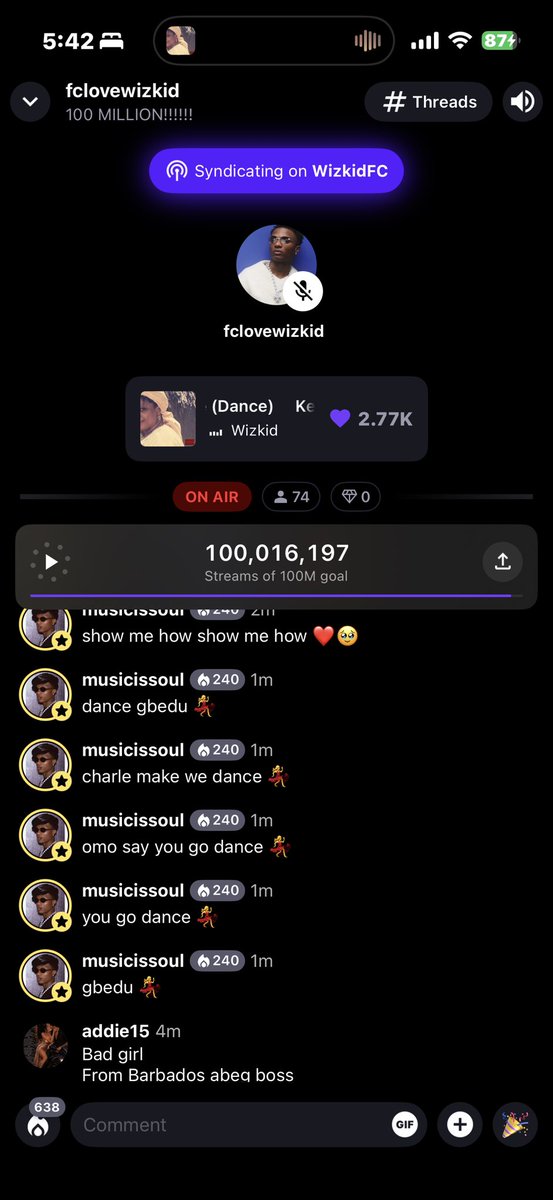 blackebony28's tweet photo. NEWS 🗞️ — WIZKID FC becomes the first ever African Fanbase to reach 100 Million Streams on Stationhead! Congratulations 🥂🎉❤️🦅 https://t.co/EmXojHZDKL