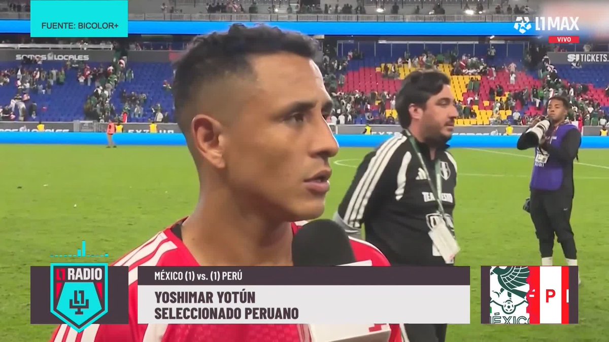 A TV broadcast screenshot from L1MAX showing Peruvian footballer Yoshimar Yotún being interviewed after a Mexico vs. Peru match that ended 1-1.