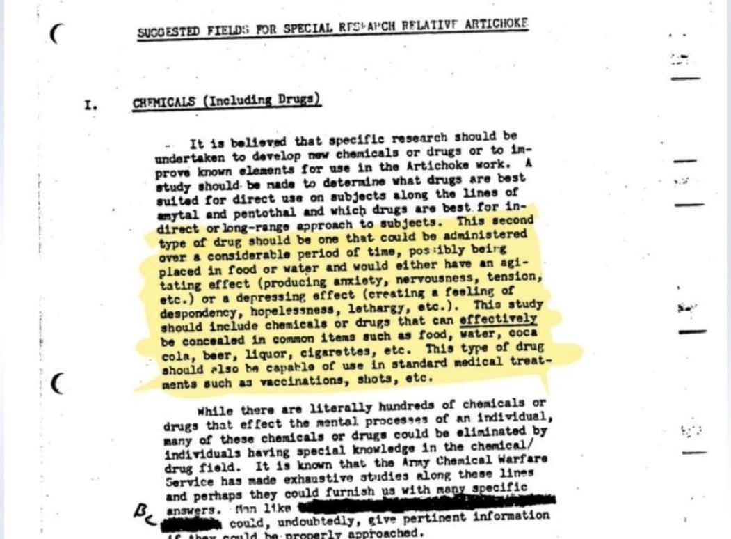 DeepleaksQ's tweet photo. Declassified CIA MKULTRA document openly discusses drugging entire populations.

Substances placed in food, water, Coca-Cola, alcohol, cigarettes — even vaccinations to slowly induce anxiety, hopelessness, tension, and depression over time.

This isn’t theory.
This isn’t fiction.
This is real government paperwork.
This is only page one.

Read it again.