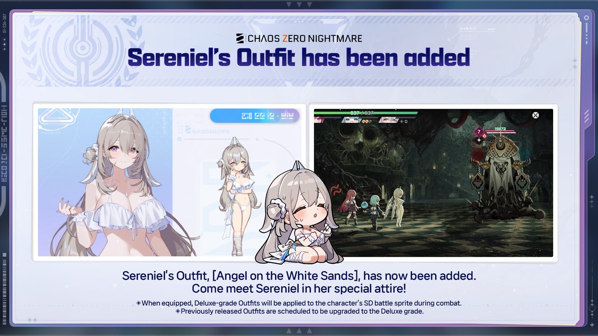 CZN_Official_EN's tweet photo. ◤Sereniel Outfit Added◢

Sereniel’s Outfit [Angel on the White Sands] has been added.
Check out Sereniel's new look now! 

#ChaosZeroNightmare #CZN https://t.co/SZbO81QpOG