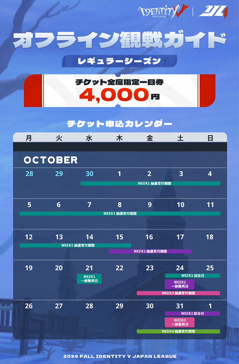 IdentityVChamp's tweet photo. #第五人格IJL
Passions for V ·  2026 Fall⛪️

レギュラーシーズン観戦ガイド

チケットサイト🔗
https://t.co/9SDecVF3gQ

各週のチケット申込✏️
https://t.co/yNF8MrE44w

対戦スケジュール📅
https://t.co/D1mGU2nnA5

#第五人格
#IdentityV https://t.co/tRGFCicsno
