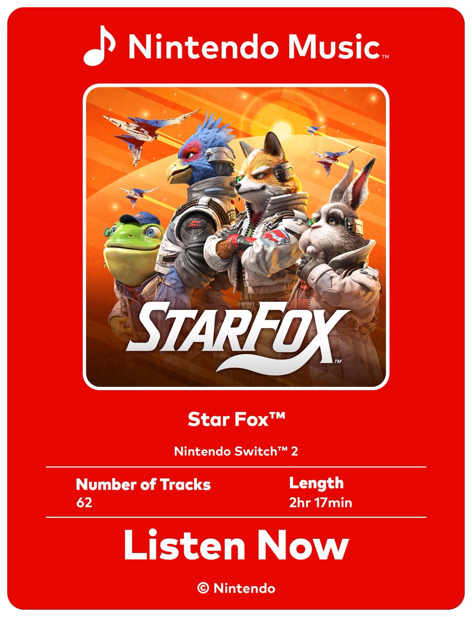 NintendoAmerica's tweet photo. Take flight once more with additional songs from the Star Fox game! 🦊

🎶 Listen now on #NintendoMusic today: https://t.co/94db8Sicax https://t.co/dTqDJexFgp