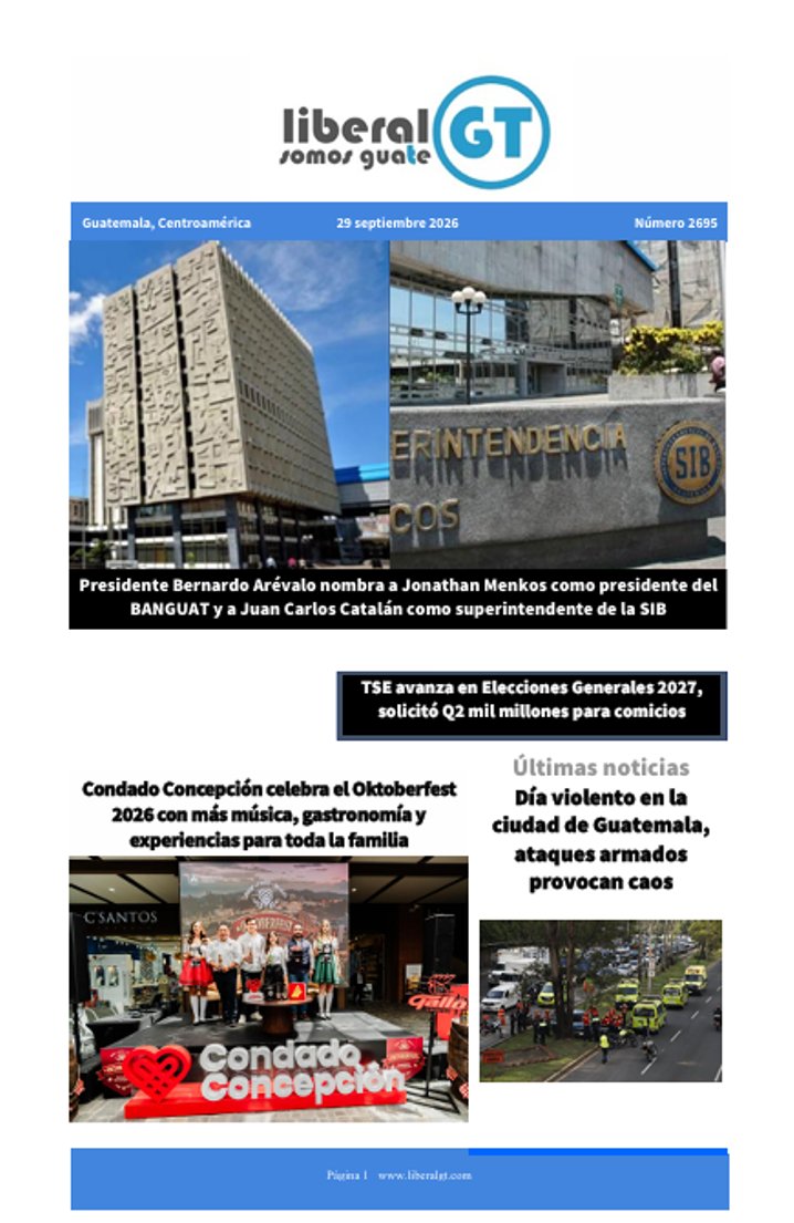 GtLiberal's tweet photo. Compartimos la portada de Liberal Gt, para este martes, 29 de septiembre de 2026.
Los titulares de hoy son:
* Presidente Bernardo Arévalo nombra a Jonathan Menkos como presidente del #BANGUAT y a Juan Carlos Catalán como superintendente de la #SIB
* #TSE avanza en Elecciones Generales 2027, solicitó Q2 mil millones para comicios
* Condado Concepción celebra el #Oktoberfest2026 con más música, gastronomía y experiencias para toda la familia
* Día violento en la ciudad de Guatemala, ataques armados provocan caos.
https://t.co/9UWFN9sx6h