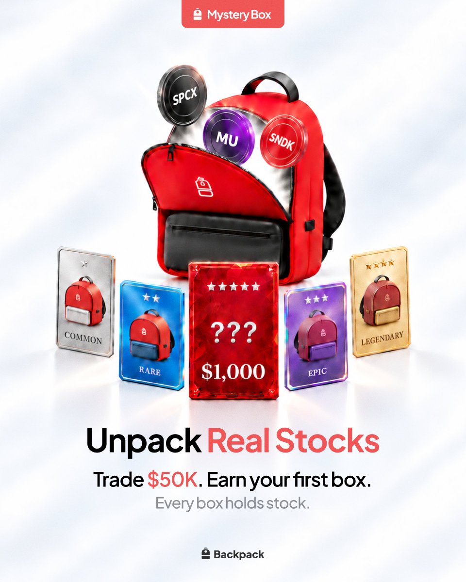 Backpack's tweet photo. Unpack Real Stocks 🎒

Trade on Backpack to earn Mystery Boxes.

Every box holds a real US stock reward worth up to $1,000.

Earn your first box at $50K volume.