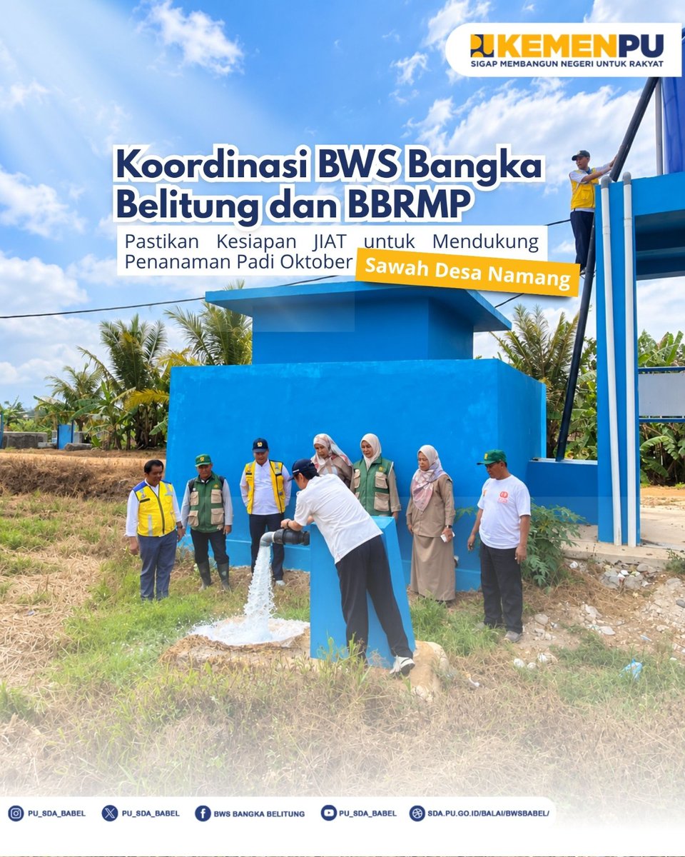 pu_sda_babel's tweet photo. BWS Bangka Belitung berkoordinasi dengan BBRMP dalam rangka pengecekan kondisi Jaringan Irigasi Air Tanah (JIAT) di area persawahan Namang, Kabupaten Bangka Tengah pada Selasa, 29 September 2026,

#MengelolaAirUntukNegeri #KementerianPU #SigapMembangunNegeriUntukRakyat https://t.co/Wl6mk9UDBL