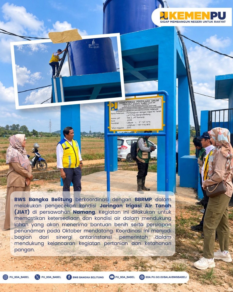 pu_sda_babel's tweet photo. BWS Bangka Belitung berkoordinasi dengan BBRMP dalam rangka pengecekan kondisi Jaringan Irigasi Air Tanah (JIAT) di area persawahan Namang, Kabupaten Bangka Tengah pada Selasa, 29 September 2026,

#MengelolaAirUntukNegeri #KementerianPU #SigapMembangunNegeriUntukRakyat https://t.co/Wl6mk9UDBL