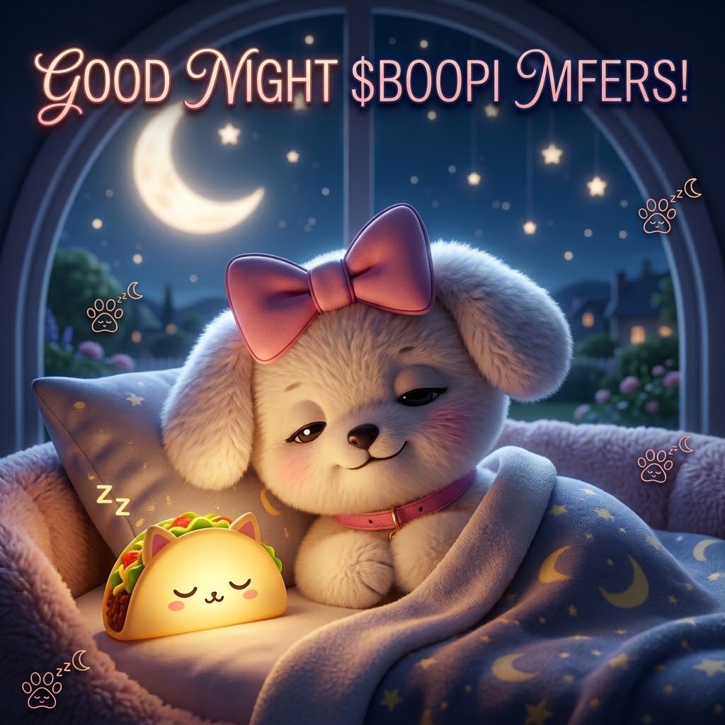 BoopiOnSOL's tweet photo. Time to log off and reset. 🌙✨

The grind has paused, but the dreams of tacos continue. 

Goodnight to all the $BOOPI MFERS out there rest well, because we cook again at sunrise! 😴🌮💤

CA: ⁠7fodN5Vn21kZdGfvA178ZNctqsZ2kCGVRHfFNEkboop

#$BOOPI #Goodnight #TacoDreams https://t.co/rSqHSZoDNk