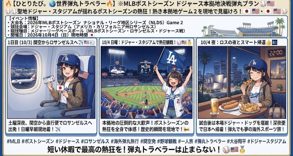 gk33984's tweet photo. 【ひとりたび。🌍世界弾丸トラベラー🔥】
※MLBポストシーズン ドジャース本拠地決戦弾丸プラン⚾️🇺🇸

聖地ドジャー・スタジアムが揺れるポストシーズンの熱狂！熱き本拠地ゲーム2を現地で見届けろ！

【イベント情報】
・大会名：2026年MLBポストシーズン ナショナル・リーグ地区シリーズ（NLDS）Game 2
・競技会場：ドジャー・スタジアム（アメリカ・カリフォルニア州ロサンゼルス）
・競技種目：メジャーリーグベースボール（MLBポストシーズン・ロサンゼルス・ドジャース戦）
・開催日：2026年10月4日（日）現地時間

【弾丸スケジュール】
・出発日：2026年10月3日（土）深夜（関空発の直行便等を利用）
・到着日：2026年10月4日（日）現地早朝・午前到着
・プラン：【大阪発海外弾丸】関西国際空港から直行便でロサンゼルスへ飛び、ドジャー・スタジアムで開催される地区シリーズ第2戦（Game 2）を生観戦！本拠地の圧倒的な大歓声を全身で浴びてスピーディーに帰国の途につく、超アクティブな海外スポーツ弾丸旅！

#MLB #ポストシーズン #ドジャース #ロサンゼルス #海外弾丸旅行