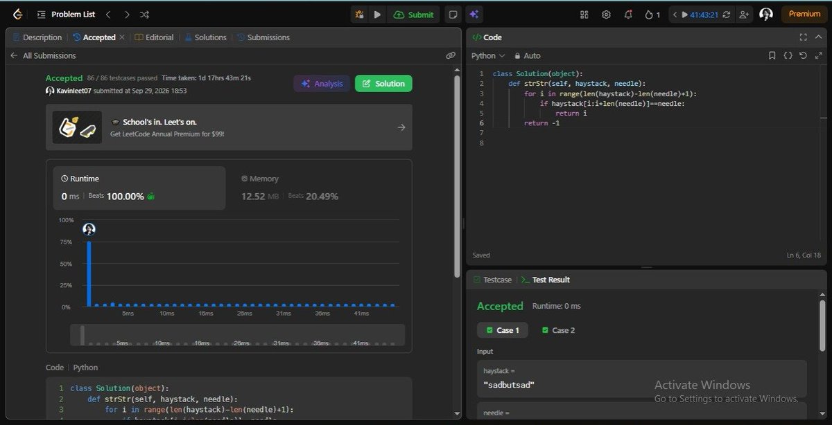 Kavinkumar45891's tweet photo. LEET:28-->Find The Index Of First Occurence String
Time :O(n x m) 
Space : O(n) 
What's New🧩: Z Algorithm 😵‍💫
#CSEStudent #LearningToCode #Java #Python #WebDevelopment #DSA #LeetCode #CodingJourney #TechTwitter #BuildInPublic #amazon #meta https://t.co/Mqj0bB2Qzr