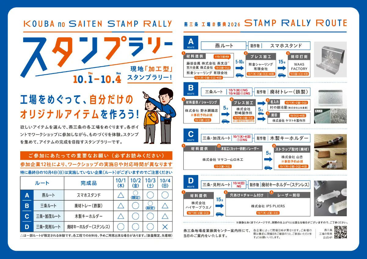 koubafes's tweet photo. 【POP UPイベント特典「現地加工型スタンプラリー」のご紹介】
燕三条 工場の祭典2026の開催に先立ち、今年はこれまで全国7箇所で、工場の祭典の魅力を伝えるPOP UPイベントを開催してきました
各会場で配布したスタンプラリーの楽しみ方をご紹介します！

現地加工型スタンプラリーとは
燕三条の各工場をめぐりながら、一つの製品を実際に「加工」して作り上げていく体験型プログラムです！
▼体験のステップ
① 地場産センター案内所で台紙を提示する
まずはPOP UPイベントでお渡しした引換券（スタンプラリーの台紙）を持って、 総合案内所へお越しください。
場所： 燕三条地場産業振興センター 1階 「工場の祭典」案内所
住所： 新潟県三条市須頃1丁目17番地（※駐車場あり）

② ほしいアイテムを選ぶ！ 4つのアイテムから、作りたいものを1つお選びいただきます
・スマホスタンド
・鉄製トレー
・木製キーホルダー
・ステンレスキーホルダー

③ スタッフからルートの説明を受ける
選んだアイテムに合わせて、案内所のスタッフが工場をめぐる最適な順序やルートを丁寧にご説明いたします！どの工場へ向かえばよいか、迷うことなく安心してスタートすることができます

④ ルートに沿って実際に工場を巡る！
ルートが決まったら、いよいよ出発です 燕三条の職人たちと直接交流しながら各工場で加工のバトンを繋ぎ、あなただけの特別なアイテムを完成させてください！

燕三条のものづくりの現場をよりリアルに体験できる、この企画をお楽しみください！
ご参加をお待ちしております！

#燕三条工場の祭典 #燕三条 #工場見学 #ものづくり #スタンプラリー
