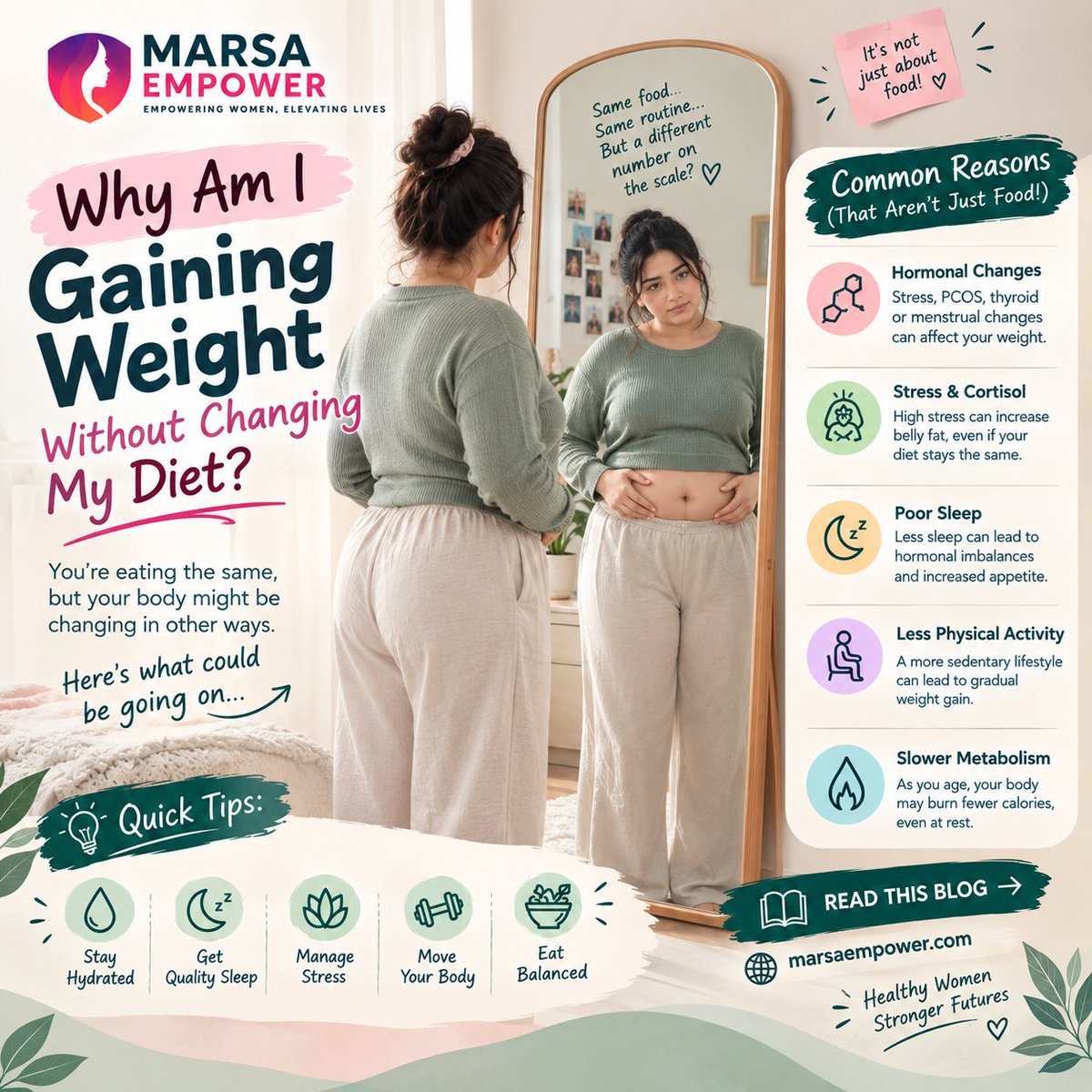 marsaempower's tweet photo. Why Am I Gaining Weight Without Changing My Diet?

Yes, you can gain weight without eating more, here's what could really be behind it, from thyroid to stress to sleep. ⚖️

Read Full Blog 👇
 https://t.co/GHax18z1Wt

#MarsaEmpower #WeightGain #WomensHealth https://t.co/Zh4REpWbDa