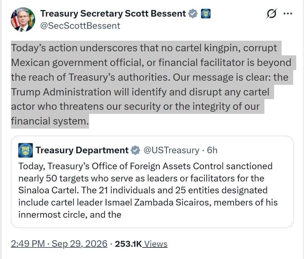 GhalebKrame's tweet photo. 🚨💣 Fuertísimo mensaje  del Secretario del Tesoro @SecScottBessent:
👇👇👇
"La acción de hoy deja claro que ningún capo de un cártel, funcionario corrupto del gobierno mexicano o facilitador financiero está fuera del alcance de las autoridades del Tesoro. 

Nuestro mensaje es claro: la Administración Trump identificará y desarticulará a cualquier actor de los cárteles que amenace nuestra seguridad o la integridad de nuestro sistema financiero".

Hoy martes 29 de septiembre de 2026, el narcogobierno fue 🪅 LA piñata 🪅 de Trump: 

1⃣ Primero, la bomba de @nytimes sobre Andy.

2⃣ Después, el esposo de Marina del Pilar, ya señalado por Washington.

3⃣ Y para cerrar con broche de oro, este misil del secretario del Tesoro.

El mensaje no pudo ser más claro: ningún capo, funcionario corrupto o facilitador financiero está fuera del alcance de Treasury.

Hoy Washington habló. Y habló fuerte.