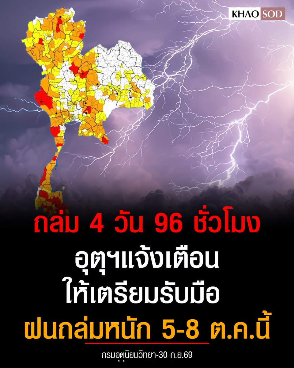 KhaosodOnline's tweet photo. ถล่มหนัก 4 วัน 96 ชั่วโมง กรมอุตุนิยมวิทยา เตือน เตรียมรับมือ ฝนหนัก ช่วงวันที่ 5-8 ต.ค.นี้ เริ่มจากอีสาน-ภาคเหนือ ก่อนอากาศเย็นลง https://t.co/k5r7XQd724