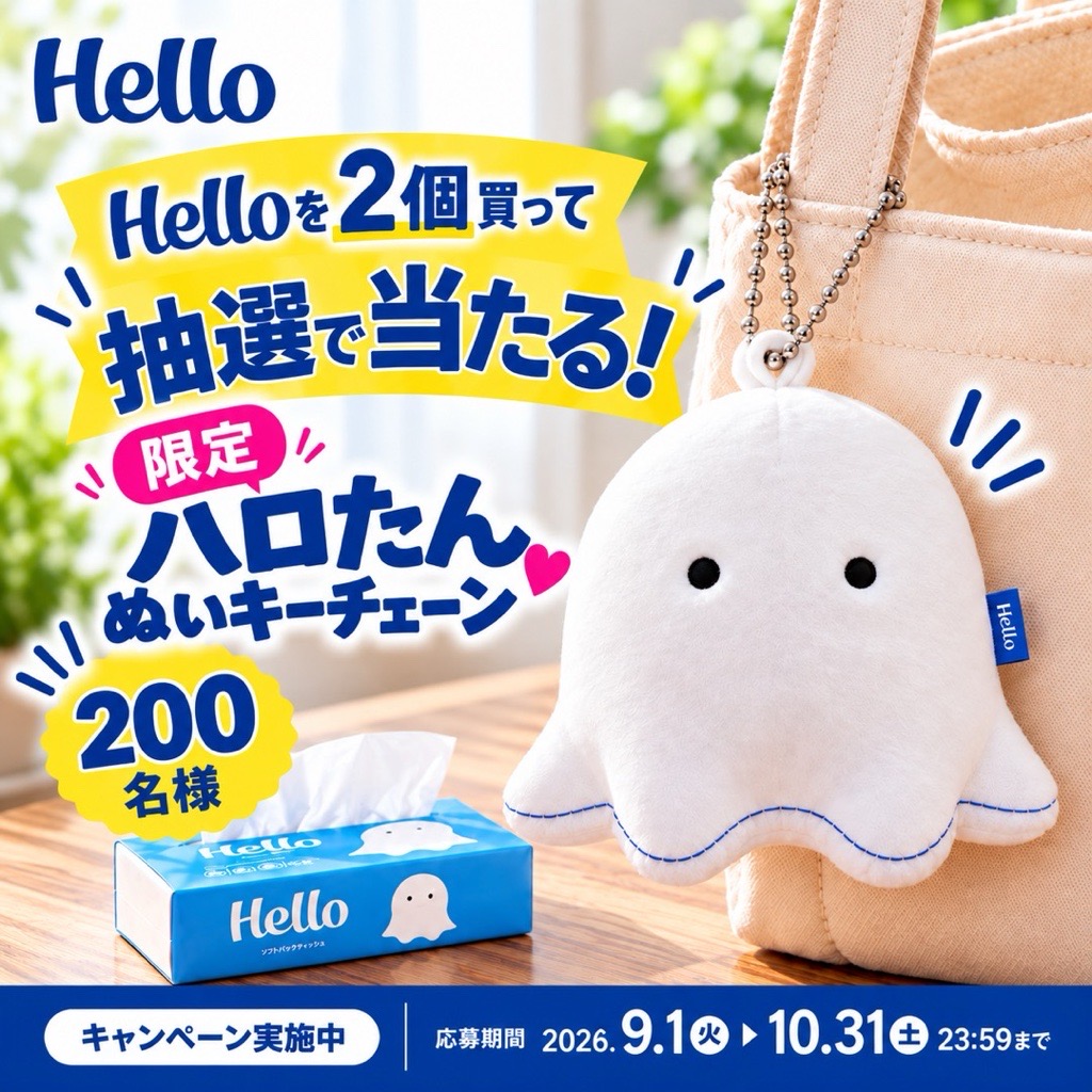 hellotan_jp's tweet photo. 💙ハロたんグッズが当たる！💙

Helloを2個買って応募すると、ハロたんグッズが当たるキャンペーン実施中🎁✨
今回ご紹介するのは、Ｃ賞「ハロたん ぬいキーチェーン」200名様✨
毎日のティッシュが、ハロたんいっぱいでもっとかわいく👻🧻