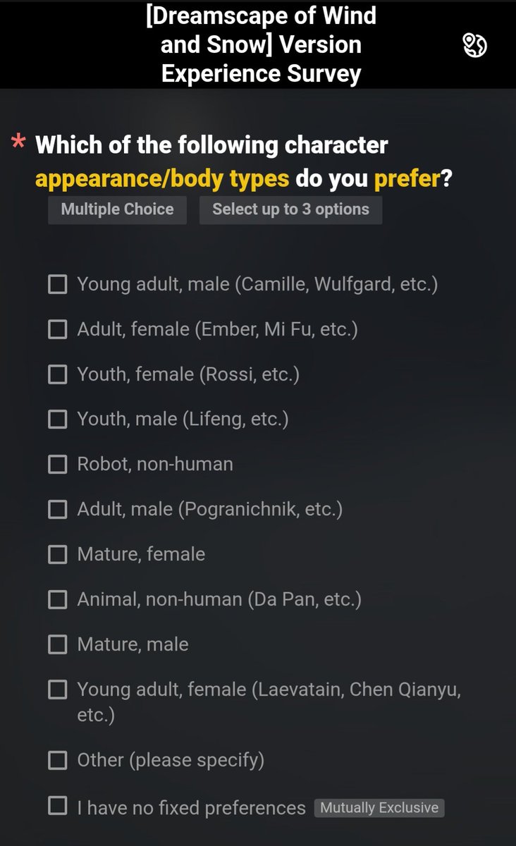 AK_CN_Shitpost's tweet photo. Arknights: Endfield new survey is asking for preferred character appearance/body type, persona/vibe, and outfit style/theme

The devs seems to be gauging what type of characters the players want https://t.co/UUJ8CUqJu9