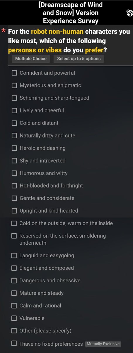 AK_CN_Shitpost's tweet photo. Arknights: Endfield new survey is asking for preferred character appearance/body type, persona/vibe, and outfit style/theme

The devs seems to be gauging what type of characters the players want https://t.co/UUJ8CUqJu9