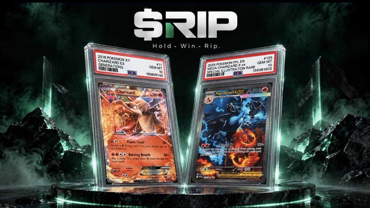 rip1000fun's tweet photo. Memecoins are evolving. Being relevant means creating value beyond price alone.

$RIP uses trading activity to help fund $1,000 Pokémon Grail rips, with real graded cards distributed to holders through @UseNosh.

Hold. Win. Rip. https://t.co/3bMMY5lAKF