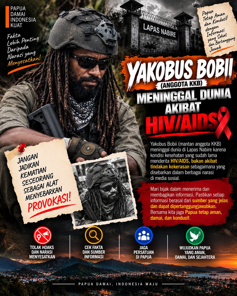 Judikamurat's tweet photo. HIV AIDS Adalah alasan di balik Wafatnya Yakobus Bobii.
Anggota KKB Papua.!

#yakobusbobii #hivaids #papua Alyssa #BersamaBerantasNarkoba Pancasila soyakinbisa Presiden Prabowo https://t.co/cQclMbwQ8b