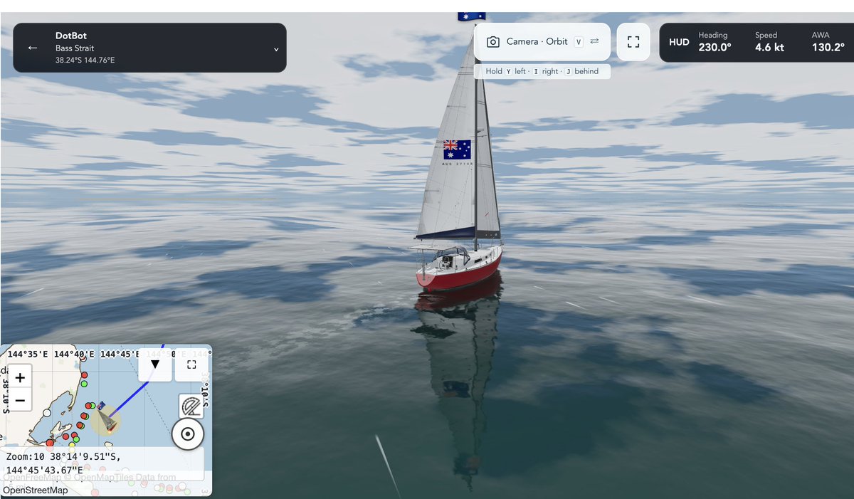 MarineVerseVR's tweet photo. DotBot, our AI assistant from @OpenAI, is autonomously sailing a virtual boat!

In MarineVerse Globe from Melbourne to New York, via Sydney and Cape Town ⛵

Checking weather, setting headings and managing sails.

Follow the journey:
https://t.co/JMgsZC7NL9 https://t.co/TpW8x6cyCE