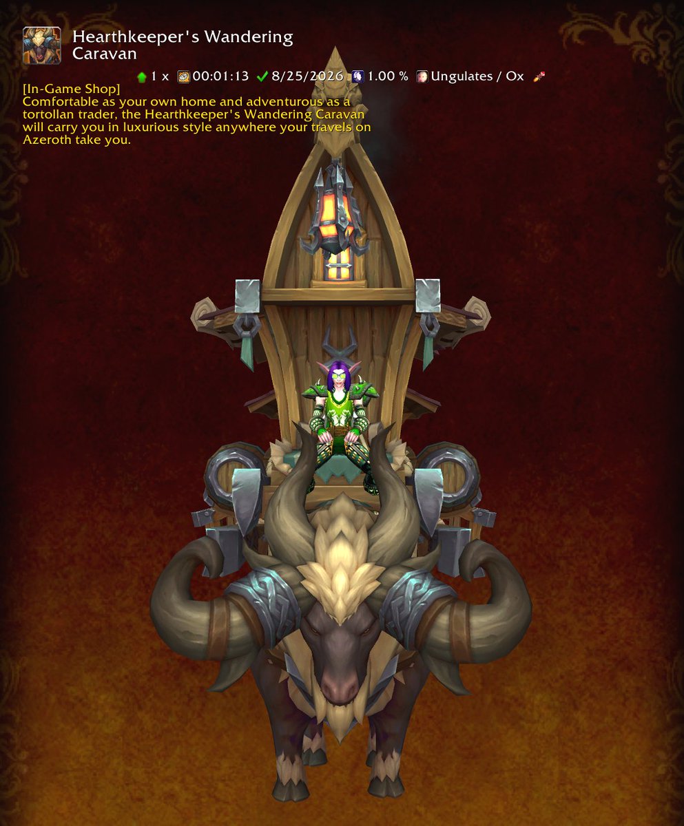 Luxminxthebard's tweet photo. #worldofwarcraft #mount #HearthkeepersWanderingCaravan #ox #InGameShop #midnight
Mount: Hearthkeeper's Wandering Caravan ๐
"Comfortable as your own home and adventurous as a tortollan trader, the Hearthkeeper's Wandering Caravan will carry you in luxurious style anywhere your travels on Azeroth take you."
๐ In-Game Shop