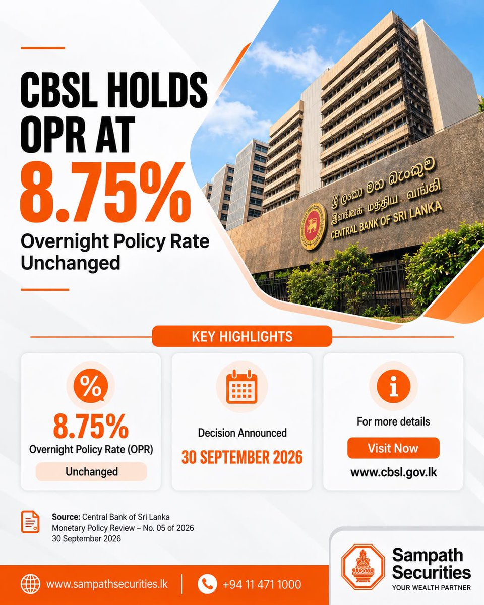 sc_securities's tweet photo. CBSL keeps the Overnight Policy Rate unchanged at 8.75%.

#cbsl #monetarypolicy #economy #srilanka #sampathsecurities https://t.co/SvkKQkDR7m