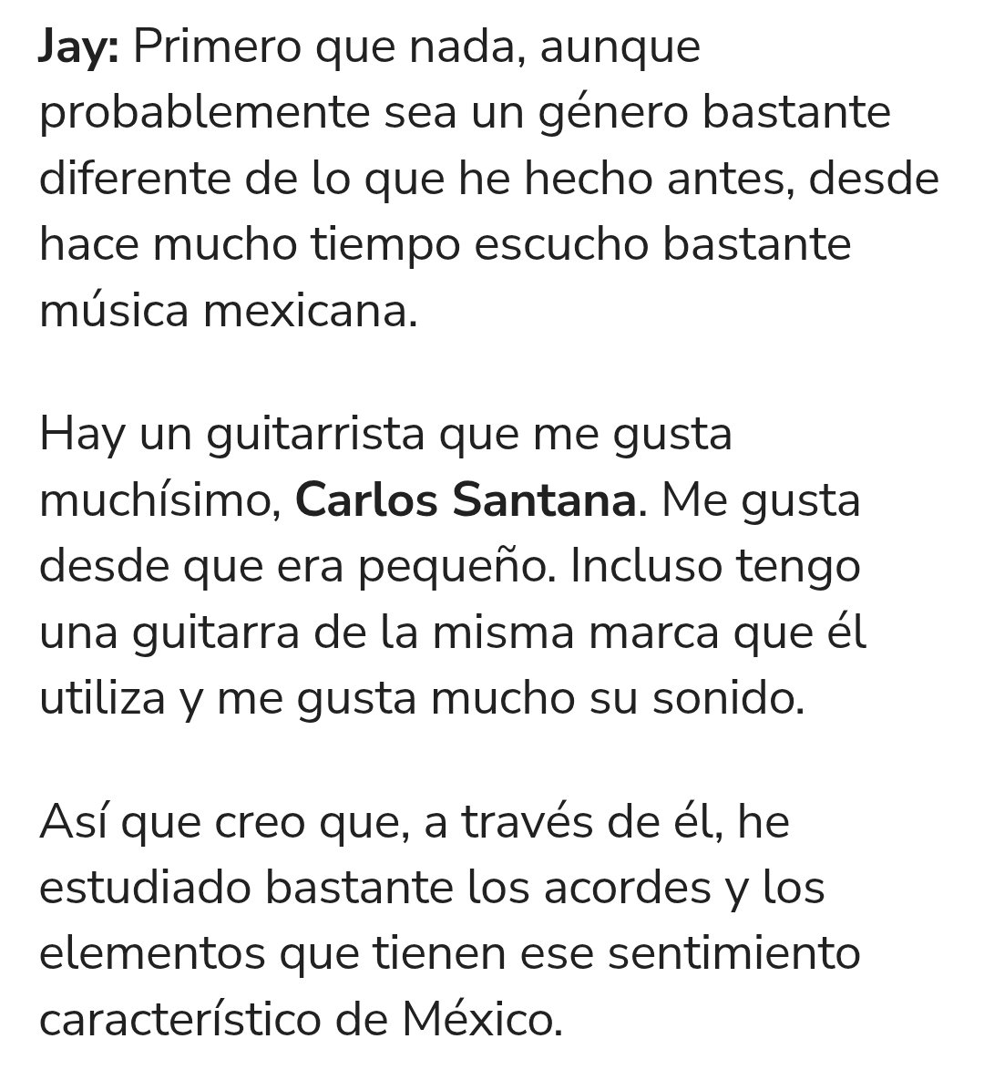 ikeusaamado's tweet photo. — #JAY hablando de su remix de Bloody paradise basado en la musica de la cultura mexicana (mariachi)

🐈‍⬛: Primero que nada, aunque probablemente sea un género bastante diferente de lo que he hecho antes, desde hace mucho tiempo escucho bastante música mexicana
🐈‍⬛: Hay un guitarrista que me gusta muchísimo, Carlos Santana. 
🐈‍⬛: Me gusta desde que era pequeño. Incluso tengo una guitarra de la misma marca que él utiliza y me gusta mucho su sonido
🐈‍⬛: Así que creo que, a través de él, he estudiado bastante los acordes y los elementos que tienen ese sentimiento característico de México