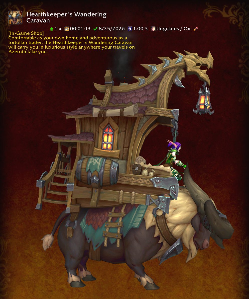 Luxminxthebard's tweet photo. #worldofwarcraft #mount #HearthkeepersWanderingCaravan #ox #InGameShop #midnight
Mount: Hearthkeeper's Wandering Caravan ๐
"Comfortable as your own home and adventurous as a tortollan trader, the Hearthkeeper's Wandering Caravan will carry you in luxurious style anywhere your travels on Azeroth take you."
๐ In-Game Shop