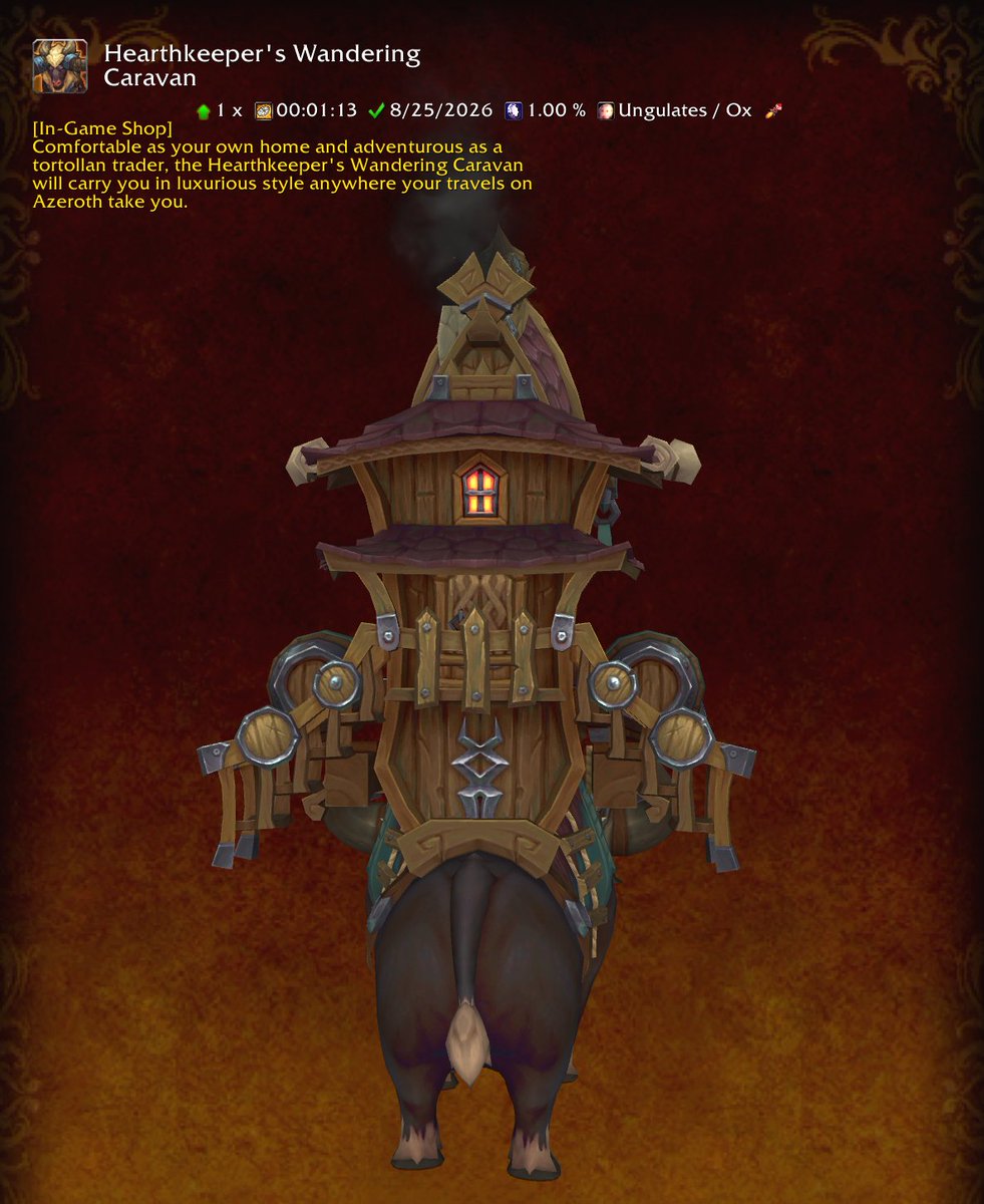 Luxminxthebard's tweet photo. #worldofwarcraft #mount #HearthkeepersWanderingCaravan #ox #InGameShop #midnight
Mount: Hearthkeeper's Wandering Caravan ๐
"Comfortable as your own home and adventurous as a tortollan trader, the Hearthkeeper's Wandering Caravan will carry you in luxurious style anywhere your travels on Azeroth take you."
๐ In-Game Shop