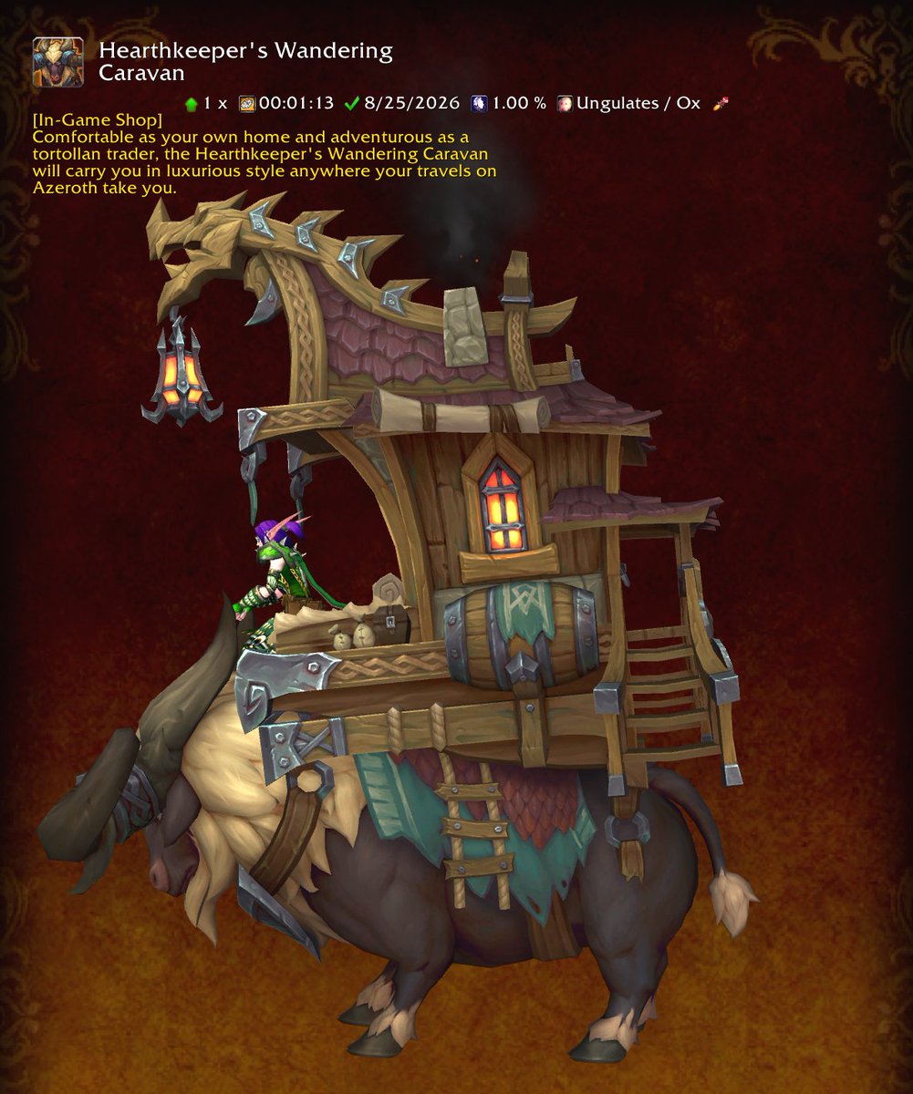 Luxminxthebard's tweet photo. #worldofwarcraft #mount #HearthkeepersWanderingCaravan #ox #InGameShop #midnight
Mount: Hearthkeeper's Wandering Caravan ๐
"Comfortable as your own home and adventurous as a tortollan trader, the Hearthkeeper's Wandering Caravan will carry you in luxurious style anywhere your travels on Azeroth take you."
๐ In-Game Shop