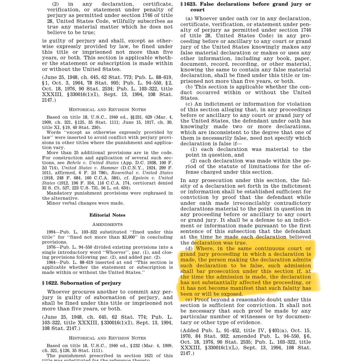 HouseofElon's tweet photo. ⚖️ PROOF that Jack Smith also lied to the courts. See attached footnote 3, page 8 of his 5-3-24 filing to Judge Cannon.

Shady Smith tried to get out of his perjury under a Federal Statute that allows a “Recantation Defense”:

18 USC §1623(d) basically says you can’t be prosecuted if you admit the perjury while the same proceeding is going on. 

That’s obviously what his footnote admission sought to achieve in Cannon’s court.

BUT, Shady Smith attested to the same lie (and more) in the Appellate Court, and as that case was closed, he was unable to protect himself from a perjury charge there.😎

The pertinent Federal Perjury Statute of Limitations is 5 years.

And Jack Smith should have NO IMMUNITY for his “OFFICIAL ACTS” since a federal court in that same jurisdiction ruled he wasn’t an authorized prosecutor.

This is a slam dunk indictment in RED Florida. 

Somebody should tell the DOJ. But if some random corporate M&A attorney can figure this out, then surely the criminal experts already have. 

SO WHY HAVEN’T THEY INDICTED JACK SMITH, YET?
