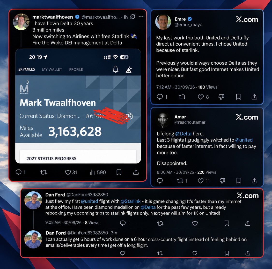cb_doge's tweet photo. BREAKING: Delta’s Diamond Medallion flyers are ditching the airline over poor in-flight internet and switching to Starlink-powered rivals. https://t.co/MZrNscFO1n