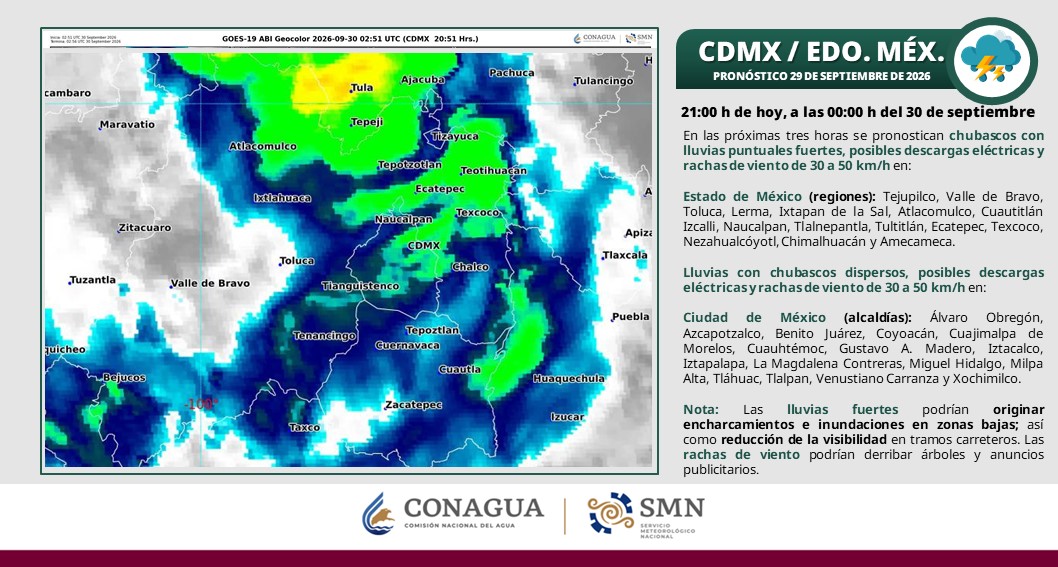 conagua_clima's tweet photo. Esta noche se pronostican #Chubascos con #Lluvias fuertes, #DescargasEléctricas y #Rachas de #Viento de 30 a 50 km/h, en zonas de la #CDMX, #EdoMéx y entidades del centro de la República Mexicana  ⬇️ https://t.co/PHWXjlsOJ9