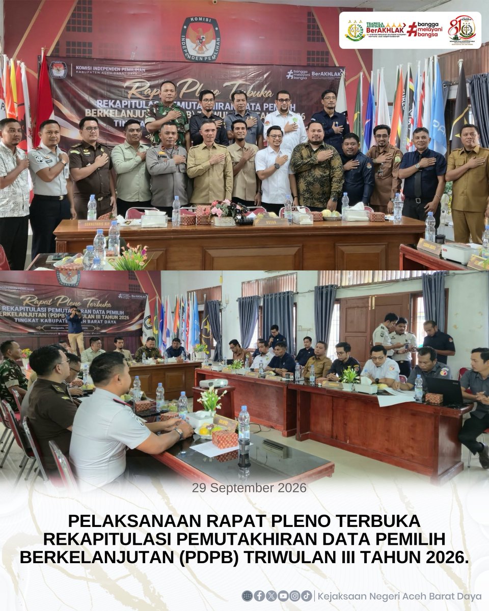 kejari_abdya's tweet photo. Halo #SobatAdhyaksa π
Kepala Seksi Intelijen Kejaksaan Negeri Aceh Barat Daya, Barry Sugiarto, S.H., M.H., menghadiri Rapat Pleno Terbuka Rekapitulasi Pemutakhiran Data Pemilih Berkelanjutan (PDPB) Triwulan III Tahun 2026, pada Selasa, 29 September 2026, https://t.co/rhJvZCQtvk
