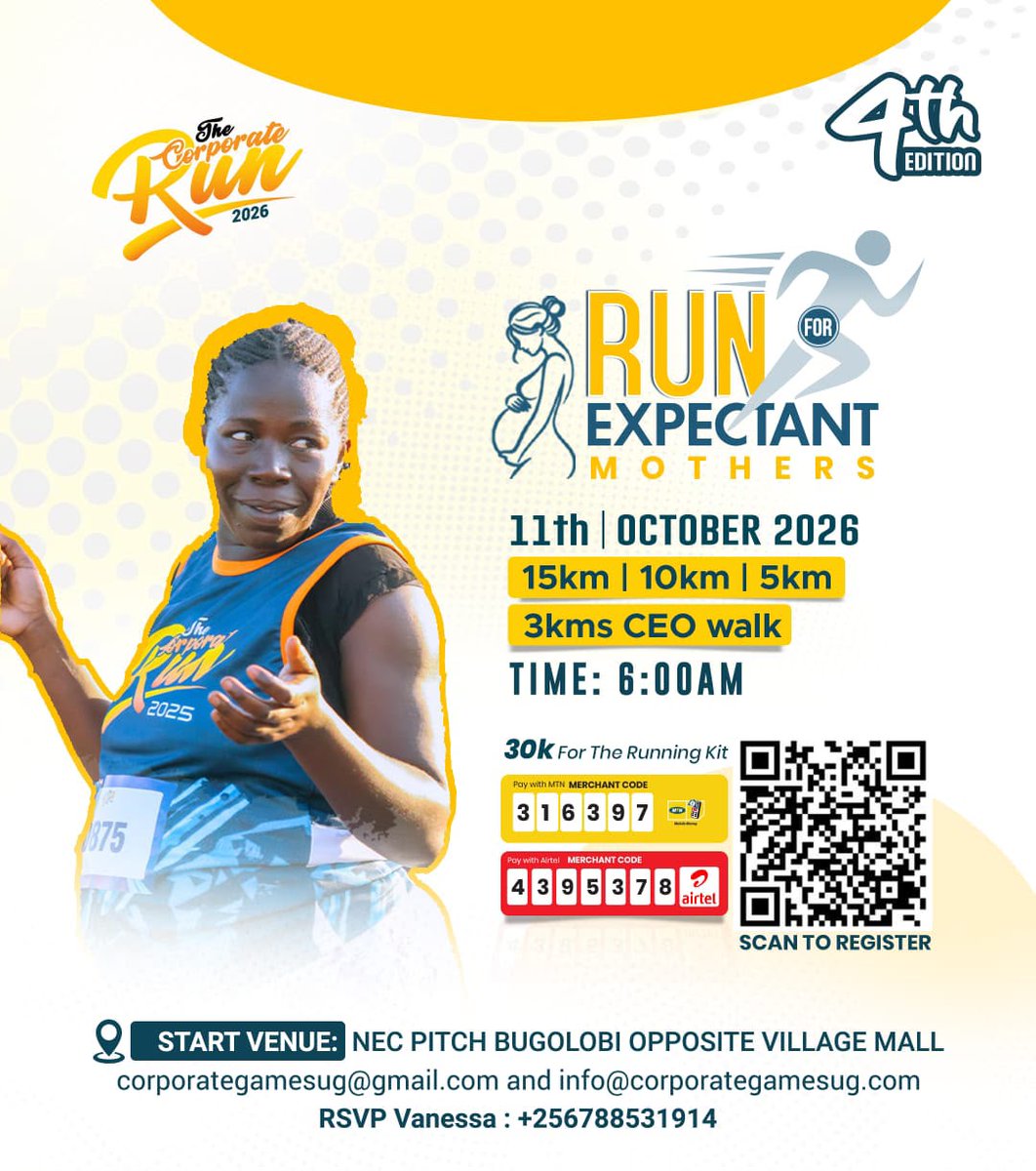 ubctvuganda's tweet photo. 👟 Lace up. Show up. Run for a cause! 

The Corporate Run 2026 returns for its 4th Edition, supporting expectant mothers.  
📅 11/10/2026 
📍 NEC Pitch, Bugolobi - Opposite Village Mall 🎽 Running Kit: UGX 30K  

Run for Expectant Mothers. 
#RunForExpectantMothers https://t.co/TNeNTrDUDY