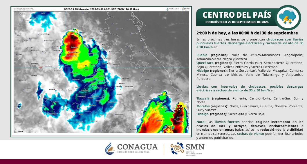 conagua_clima's tweet photo. Esta noche se pronostican #Chubascos con #Lluvias fuertes, #DescargasEléctricas y #Rachas de #Viento de 30 a 50 km/h, en zonas de la #CDMX, #EdoMéx y entidades del centro de la República Mexicana  ⬇️ https://t.co/PHWXjlsOJ9