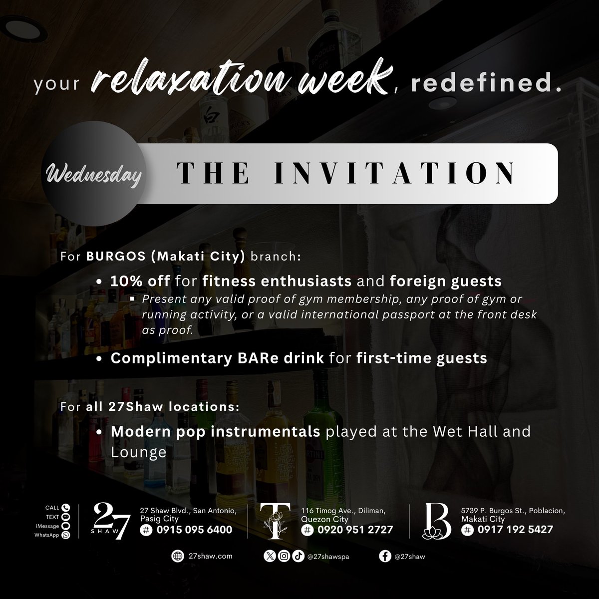 27shawspa's tweet photo. Wednesday, consider this your invitation. 🖤
Discover “The Invitation”—a midweek experience thoughtfully extended to fitness enthusiasts, guests from around the world, and those experiencing 27Shaw for the first time. 🌏
✨ https://t.co/vcs4rOnusx
#ThisIs27Shaw
#27Shaw #Tby27Shaw #Bby27Shaw