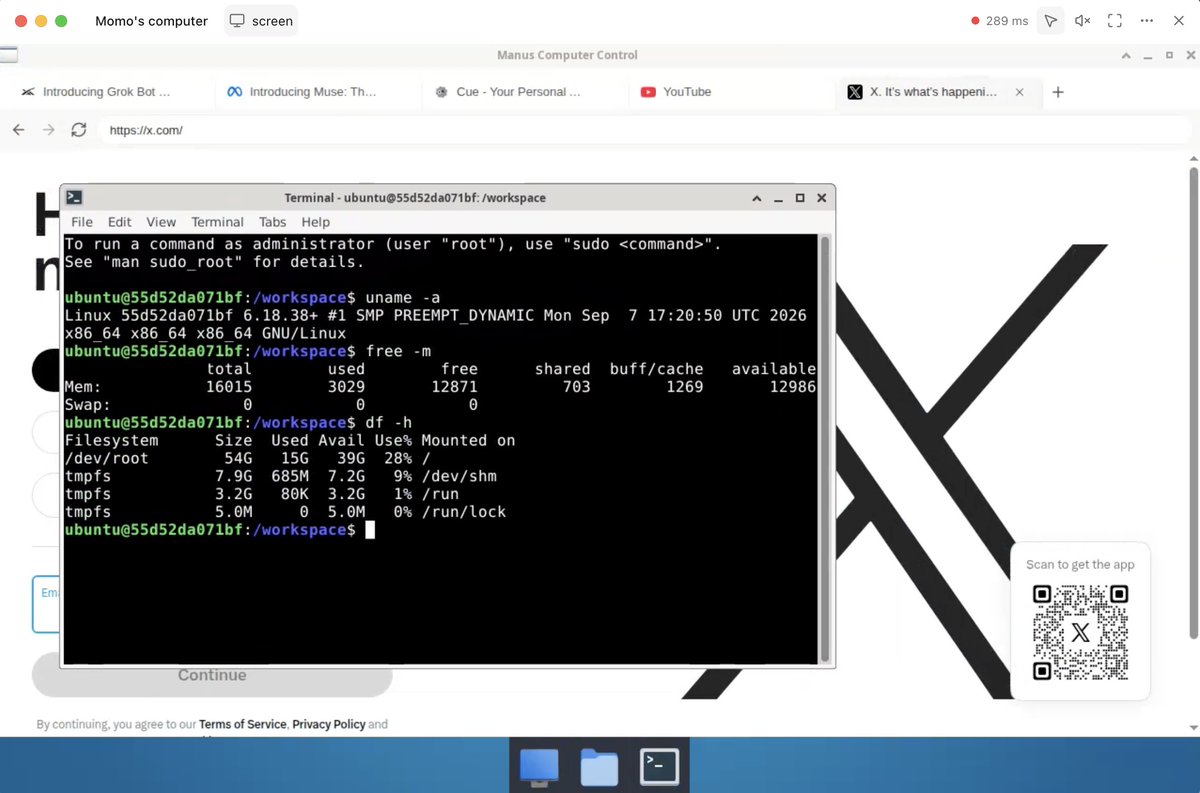 Hacken2077's tweet photo. Manus Cue的vm连起来还是有点卡顿， 16G RAM，54G SSD，https://t.co/w2N6AkGUQQ 查询出口 ip 在圣何塞，系统是 Ubuntu，日常使用撒的感觉没有什么限制，尝试 了直接 npm安装了 pi agent 没问题，还在探索中。最近出的几个远程 agent 都带虚拟机，配置都还不错。 https://t.co/5Z8mJp9DEA