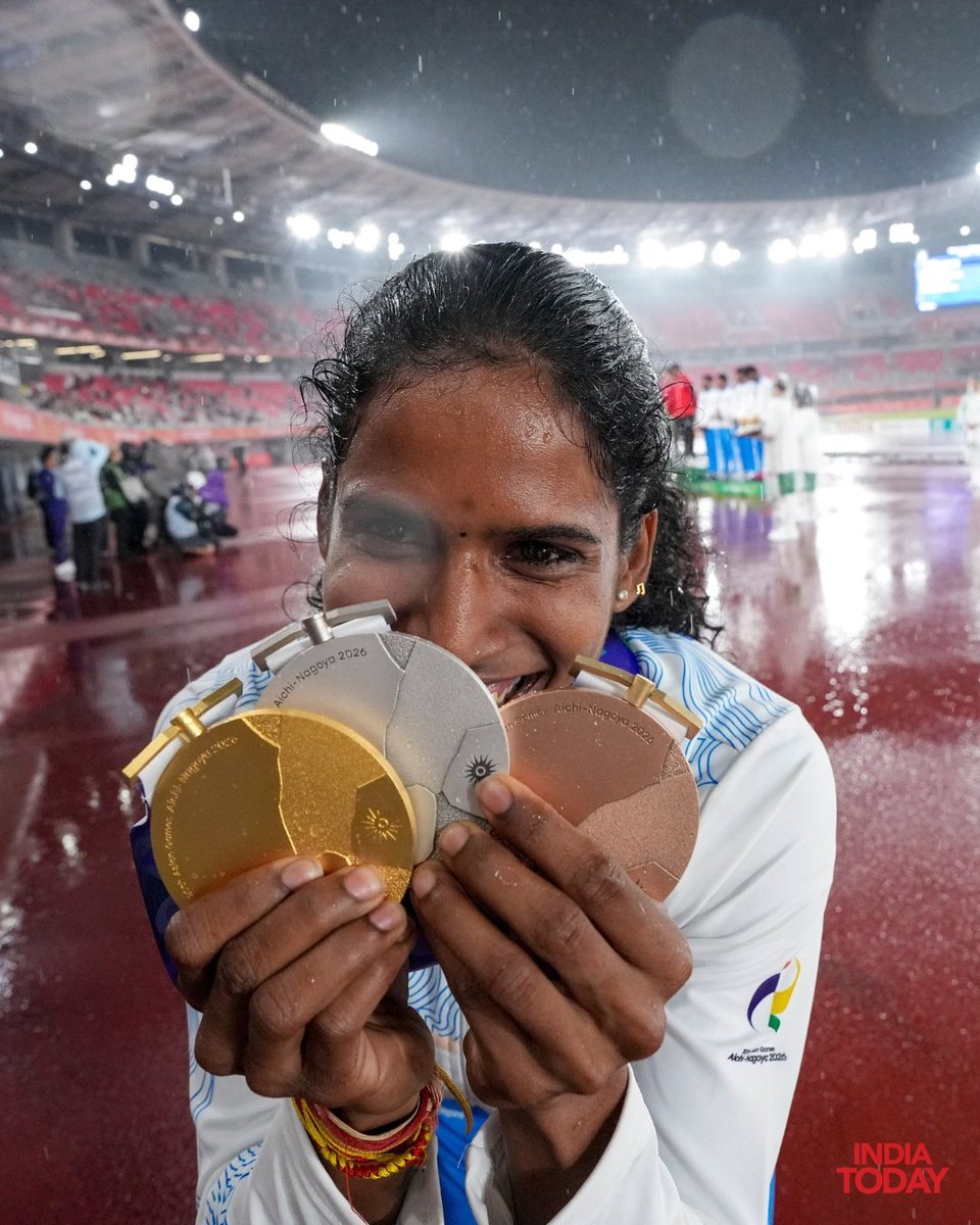 gauravcsawant's tweet photo. तपस्या
Tapasya!
Vithya Ramraj with her gold, silver &amp; bronze medals after her superb medal haul at the Asian Games 2026 in Nagoya Japan.
 
* Gold in Women's 4x400m relay.
* Silver in the 4x400m mixed relay.
* Bronze in Women's 400m hurdles.

Amazing grit &amp; determination.

#RamRaj https://t.co/V9N32qkSkP