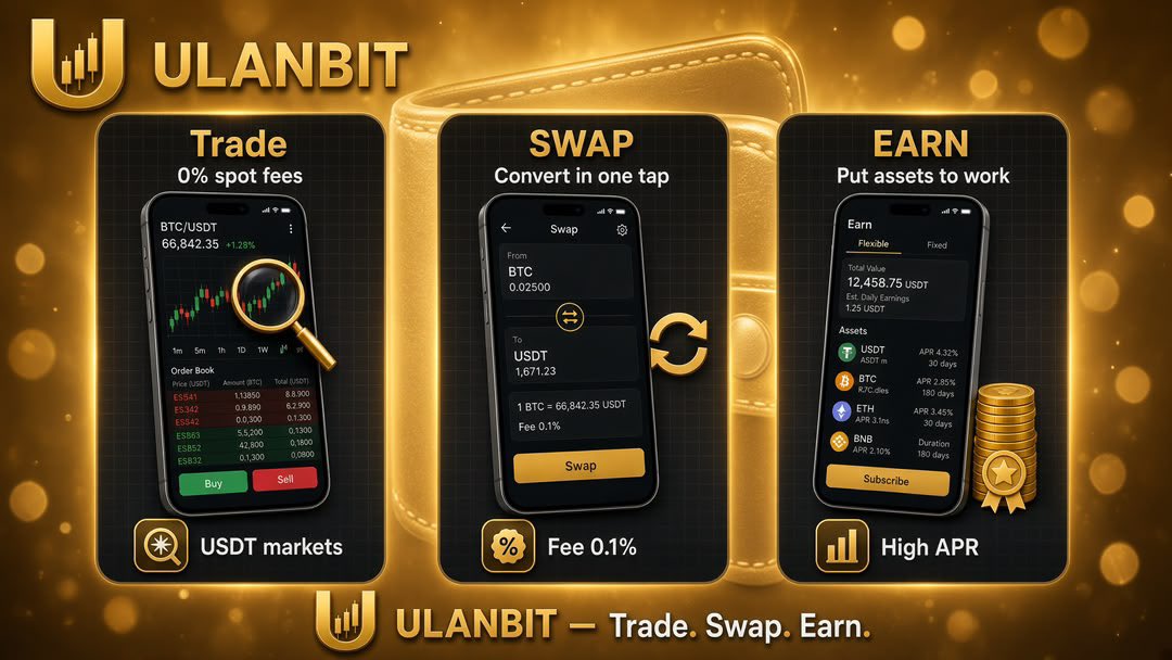 Samuel_Ebenz's tweet photo. Crypto trading can be simple when everything you need is in one place.

ULANBIT @ulanbit is a global digital asset exchange designed for users who want an easier way to trade, swap, hold, and earn digital assets without moving between different platforms.

Spot TRADE is available through USDT pairs with 0% trading fees, making it easier to buy and sell supported assets without an added trading charge.

For quick conversions, SWAP lets users move between supported assets with a 0.1% fee.

ULANBIT also offers EARN, giving users access to selected earning products for assets such as USDT, USDC, BTC, ETH, and BNB. Rates and terms vary depending on the product.

The platform is continuing to grow, with more markets, features, and products, including derivatives, in development.

Everything is built around one simple idea: make crypto easier to use.

TRADE, SWAP AND EARN with @ulanbit