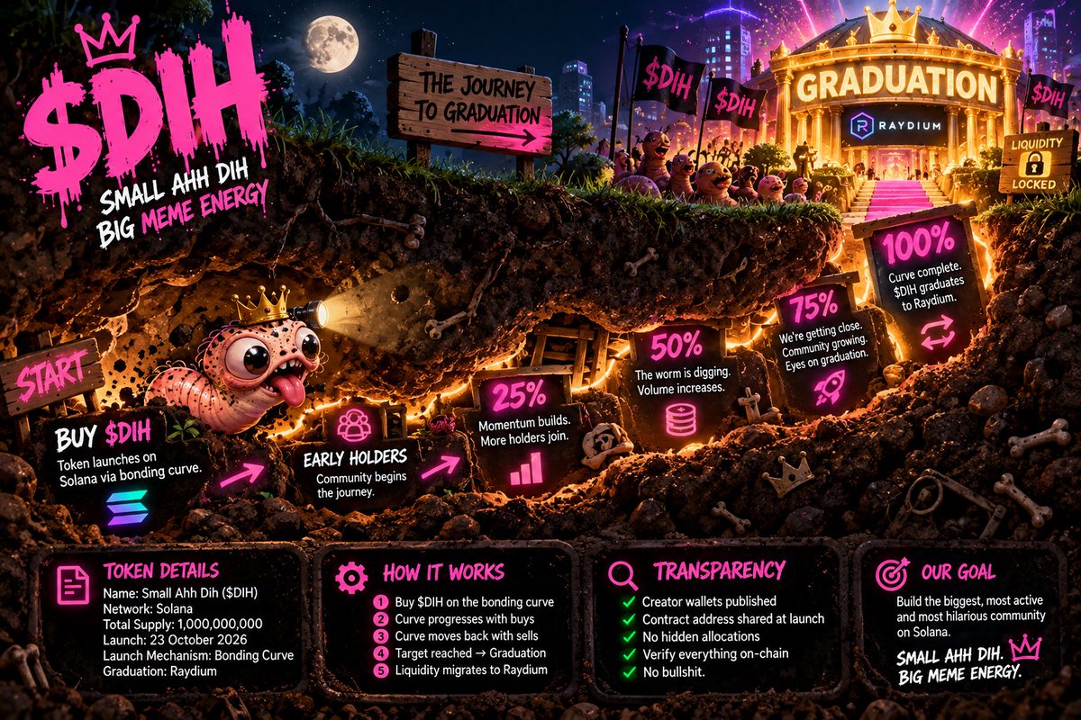 _SmallAhhDih's tweet photo. UNDER THE DIRT 🪱
_____________________

1.     TOKEN STRUCTURE

🪱 UNDER THE DIRT #01

$DIH TOKEN STRUCTURE

Network: Solana
Total Supply: 1,000,000,000 $DIH
Launch: 23.10.26
Launch mechanism: Bonding Curve
Migration: Raydium liquidity

No complicated tokenomics.
No imaginary utility.
No 47-page whitepaper explaining a worm.

1B DIH. One community.

More launch mechanics coming. 🧵

2.     THE BONDING CURVE

🪱 UNDER THE DIRT #02

HOW $DIH LAUNCHES

$DIH begins life underground — on a bonding curve.

BUY → curve progresses
SELL → curve moves backwards
TARGET REACHED → $DIH graduates
GRADUATION → liquidity migrates to Raydium

The community can literally watch the worm dig toward graduation in real time.

Progress will be public.

CREATOR HOLDINGS — this one is important

3.     🔍 $DIH TRANSPARENCY

Before launch we’ll publish:

• Creator-associated wallets
• Creator allocation / initial purchases
• Token contract address
• Launch platform
• Supply
• Official links

If it’s ours, we’ll say it’s ours.

No hidden wallets. No bullshit.

Verify. Don’t trust. 🪱

4.     LAUNCH SEQUENCE

🚨 $DIH LAUNCH PROTOCOL

23 OCTOBER 2026 — 19:00 UK 🇬🇧

T-60 MIN → official countdown
T-15 MIN → final verification post
T-0 → $DIH deployed
T+0 → official CA published simultaneously on X + Telegram
POST-LAUNCH → live curve/graduation updates

Never buy a $DIH contract posted before the official CA.

There is only one worm. 🪱

5.     THE GRADUATION DASHBOARD

🎓 ROAD TO GRADUATION

When $DIH goes live we’ll publicly track:

🪱 Curve progress
👥 Unique holders
💧 Liquidity
📊 Volume
🔄 Buy/sell activity
🎓 Graduation status

No “wen moon” predictions.

Just numbers.

$DIH.WE.ARE.