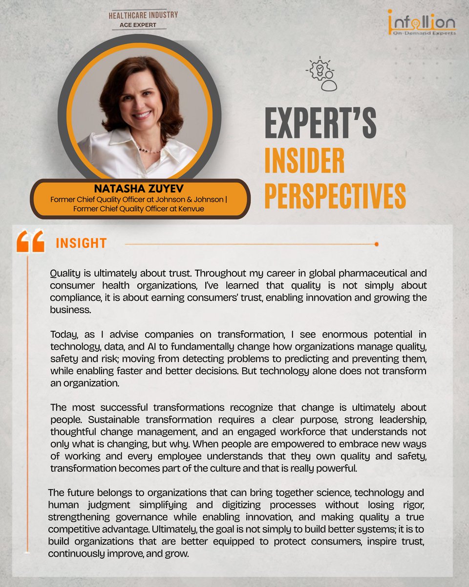 infollion's tweet photo. Can quality become more than compliance and a true business advantage?

Natasha Zuyev shares how quality, technology, AI and people-led transformation can build stronger, more trusted organizations.

Explore Infollion Experts: experts@infollion.com https://t.co/ncIhyCwU5U