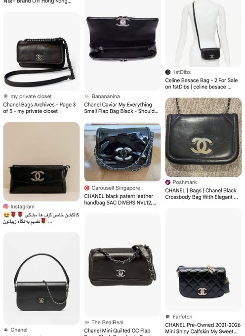 A screenshot of a Google image search showing multiple Chanel bags in black leather and patent finishes, with listings from sources like 1stDibs, Banananina, Carousell Singapore, Poshmark, Instagram, The RealReal, and Farfetch, including references to 'Chanel Bags Archives - Page 3 of 5 - my private closet'.