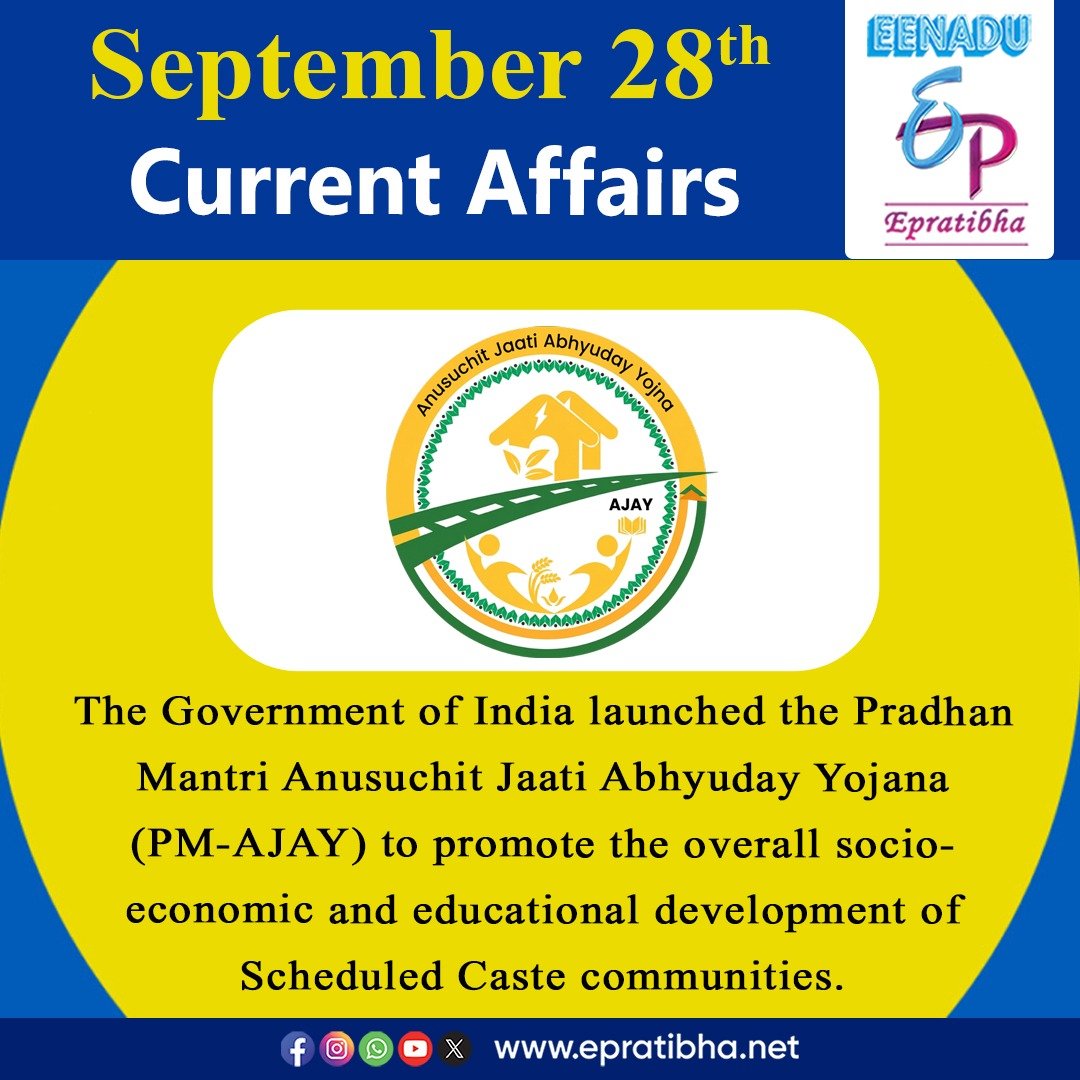 eenaduepratibha's tweet photo. September 28th Current Affairs
visit: https://t.co/E16nW9UMrG                                                         #eshasingh #amitshah #shramsamvad #lalitkalaakademiawards #kazind2026 #pmajay #worldrabiesday #centralgovernmentjobs #appsc #upsc #tspsc #eenadu #epratibha https://t.co/HA0kAXUgwF