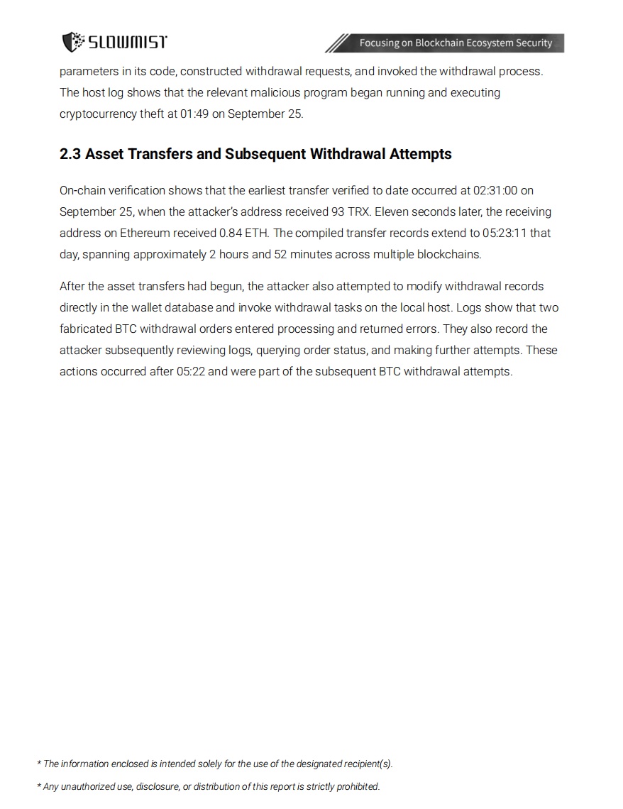 SlowMist_Team's tweet photo. @bitget has engaged SlowMist’s security team to investigate the September 25 hot wallet asset theft.

As of September 29, our investigation has identified malicious activity involving certain third-party security products and a wallet application host, as well as a highly customized withdrawal tool used by the attacker.

🔎 Key findings include:

1. Malicious activity on a certain third-party product involving exploitation of a zero-day vulnerability.
2. Unauthorized access to a certain third-party products management platform on September 25 using an internal employee identity.
3. Recovery of a customized withdrawal tool designed to interact with the wallet system’s withdrawal logic.
4. On-chain activity begins at 02:31 on September 25, with transfers across multiple blockchains over approximately 2 hours and 52 minutes.
5. Subsequent attempts to manipulate withdrawal records and trigger additional BTC withdrawals.

We are continuing to investigate how the attacker moved between the affected systems.

All date references are to UTC+8.

📄 Read the details of the investigation:
https://t.co/vcbgBNBire