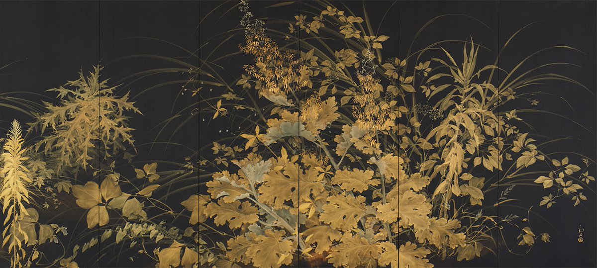 NihonBijutsushi's tweet photo. 川端 龍子　かわばた りゅうし　Kawabata Ryūshi　1885–1966

《草炎》
そうえん

1930（昭和5）年
絹に彩色・屏風6曲1双
東京国立近代美術館 https://t.co/O8tgX8Pr2i